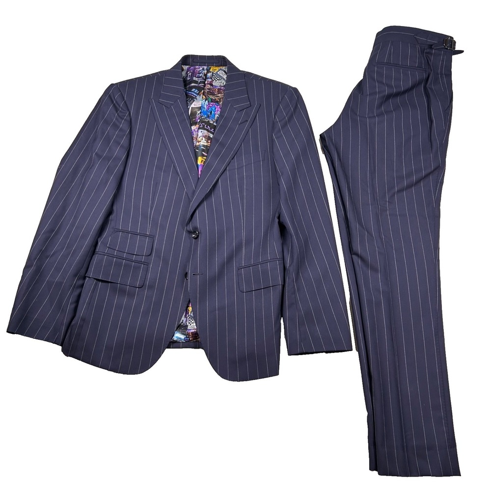 Hideoki Bespoke Suit Mens 39 Pin Stripe Navy Wool 32x31 Custom Tailored Peak